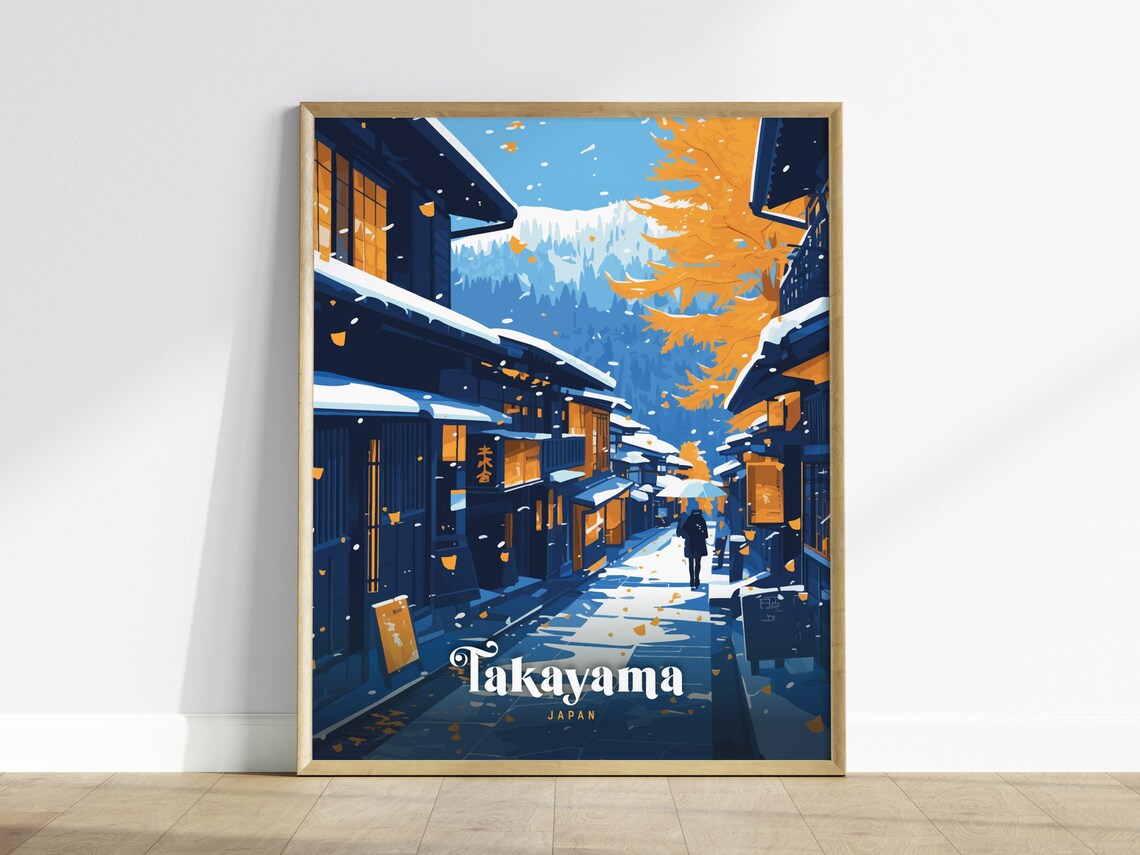 Takayama Japan Winter Snow Old Town Street Lanterns Travel Poster