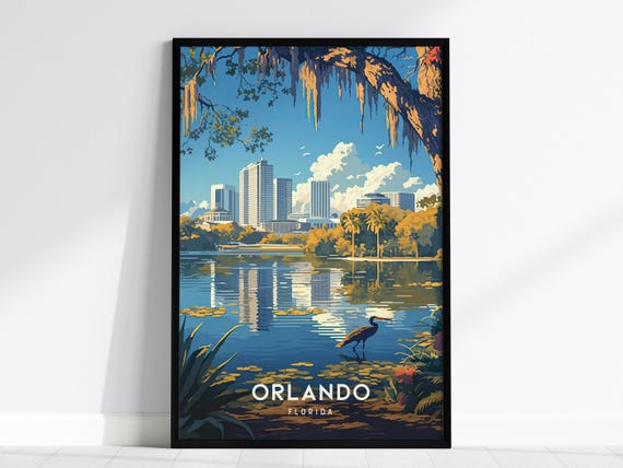 Orlando Florida Skyline Lake Eola Retro Travel Poster Scene Art