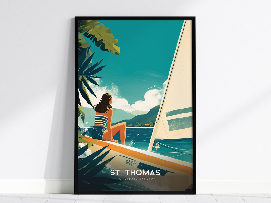 St Thomas Virgin Islands Sailboat Vintage Caribbean Travel Art Poster
