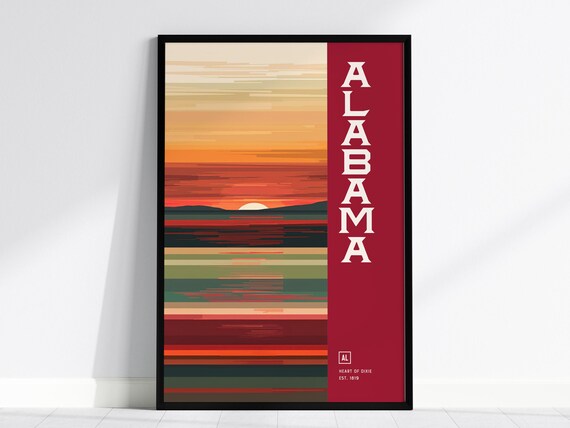 Alabama Heart of Dixie Retro State Sunset Landscape Art Poster