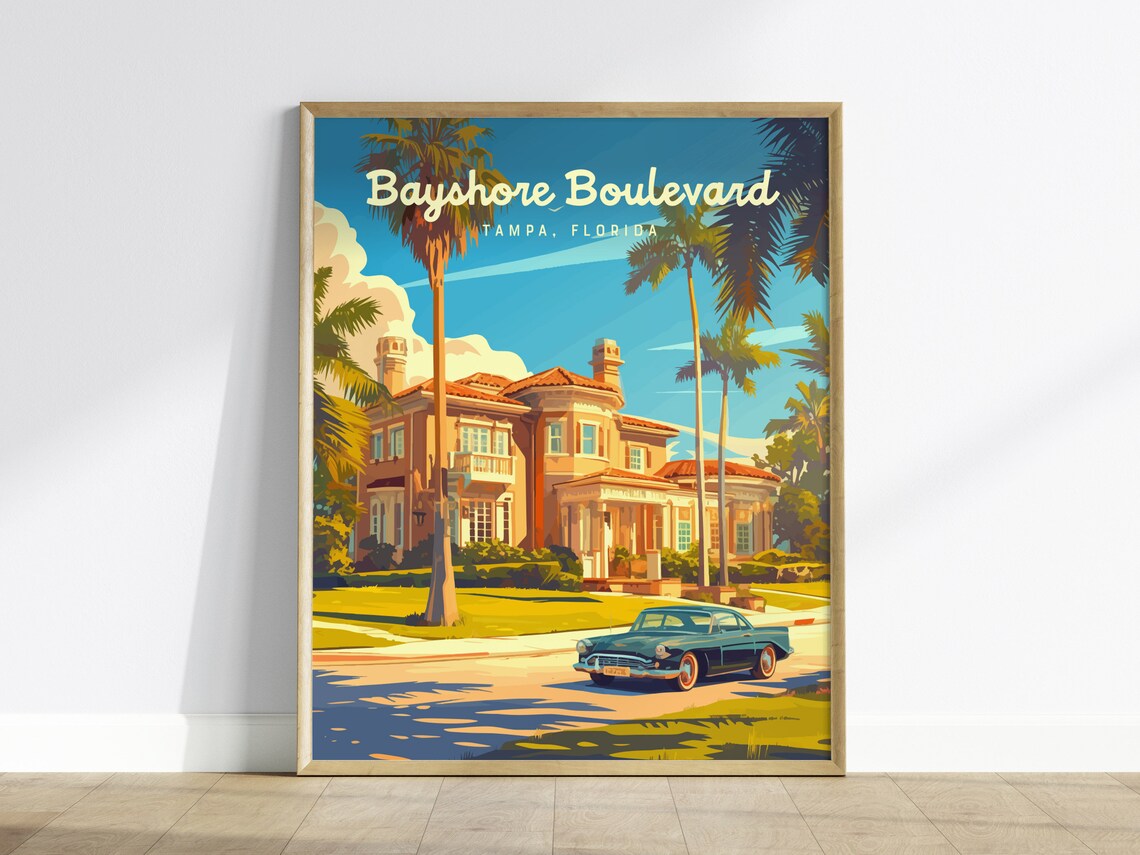 Bayshore Boulevard Tampa Florida Mansion Vintage Retro Travel Poster