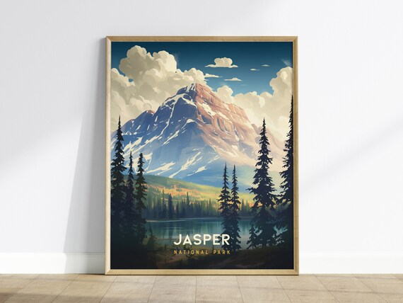 Jasper National Park Alberta Rocky Peak Lake Vintage Travel Poster