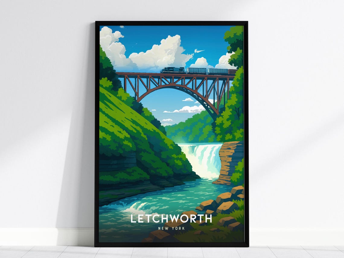 Letchworth New York Vintage Train Trestle Waterfall Gorge Poster