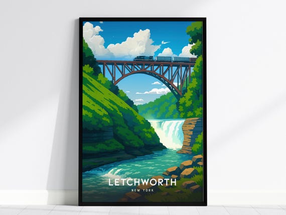 Letchworth State Park Print Vintage Train Bridge Waterfall Art