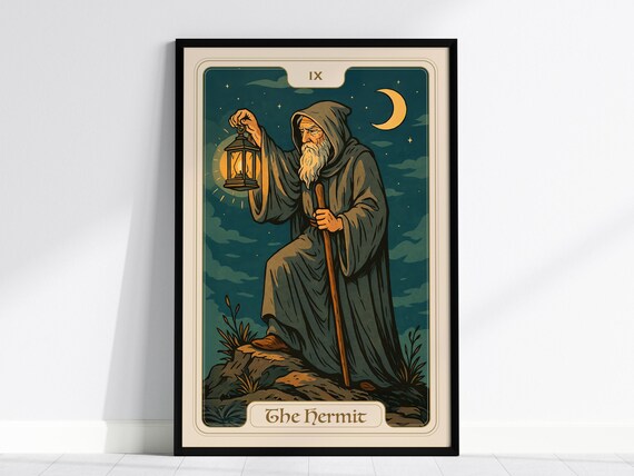 The Hermit IX Tarot Card Vintage Mystical Moonlit Art Poster