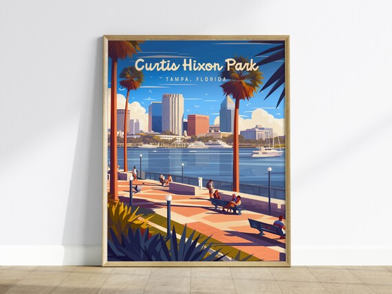 Curtis Hixon Park Tampa Florida Riverfront Skyline Vintage Poster
