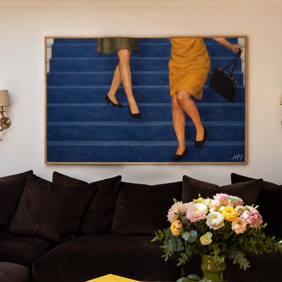 Blue Carpet Stairs Oil Painting Print Horizontal Above Bed Contemporary Wall Art Handdrawn Abstract Mid Century Modern Retro Canvas Poster