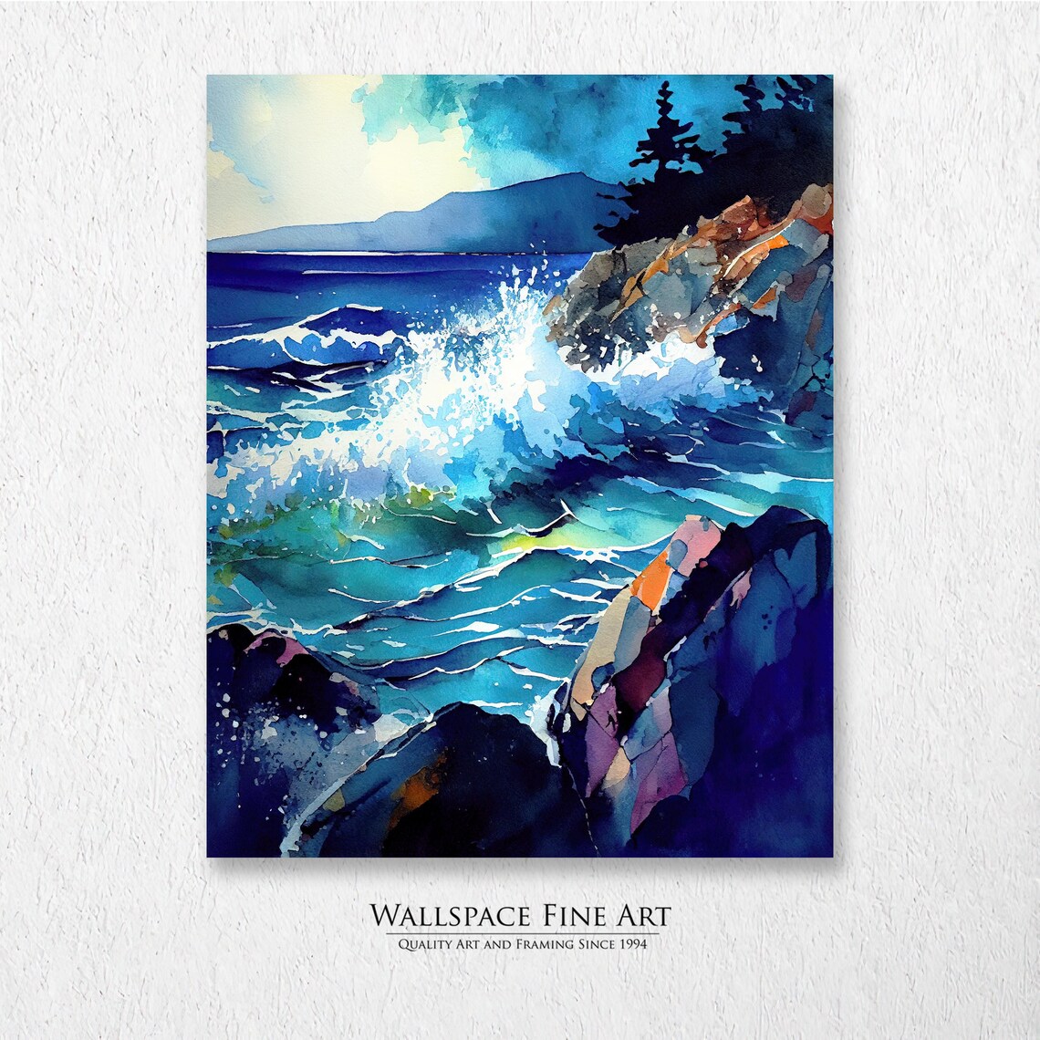 Cobalt Blue Ocean Waves Crashing on Dark Rocks Watercolor Poster