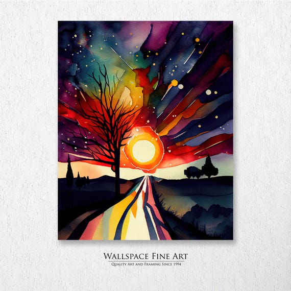 Brilliant Colorful Sunset Watercolor Landscape Painting Wall Art Dcor Print Wallspace Fine 20126