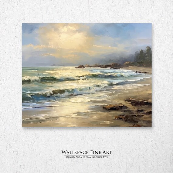 Summer Beach Sunset Gentle Waves Rocky Coast Painting Poster