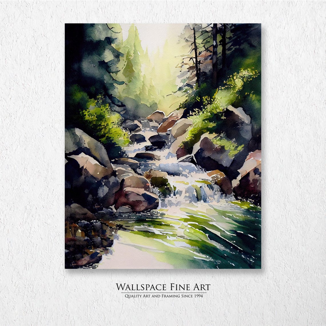 Sunlit Forest Stream Rocky Waterfall Watercolor Nature Poster