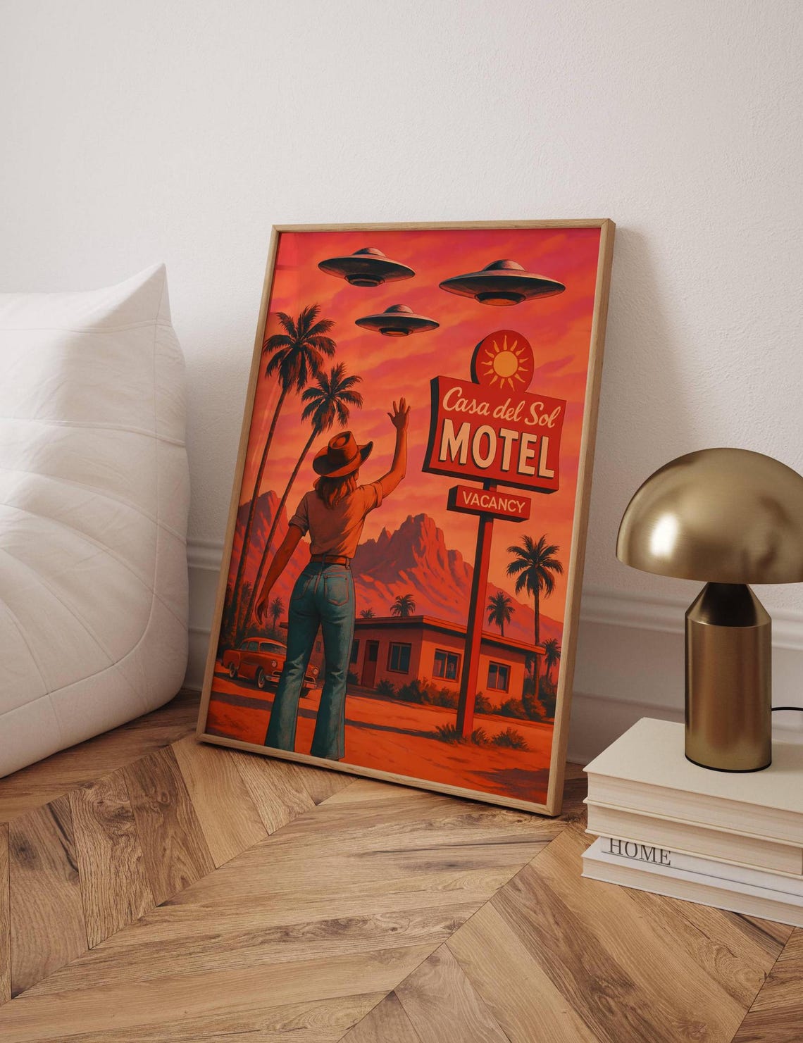 Retro Western Desert UFO Motel Sign Surreal Sunset Collage Wall Art