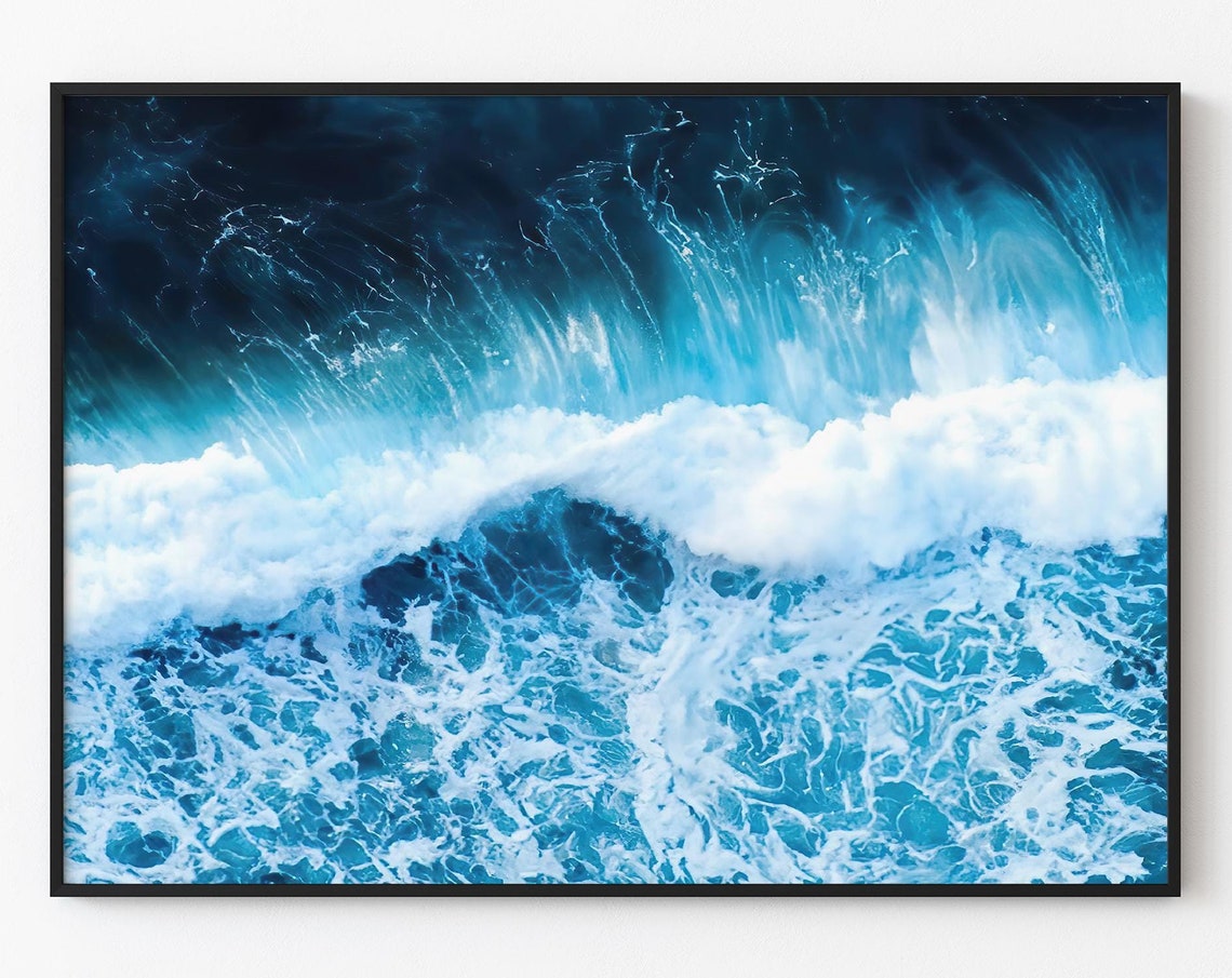 Deep Blue Ocean Waves Aerial White Foam Coastal Photography Poster