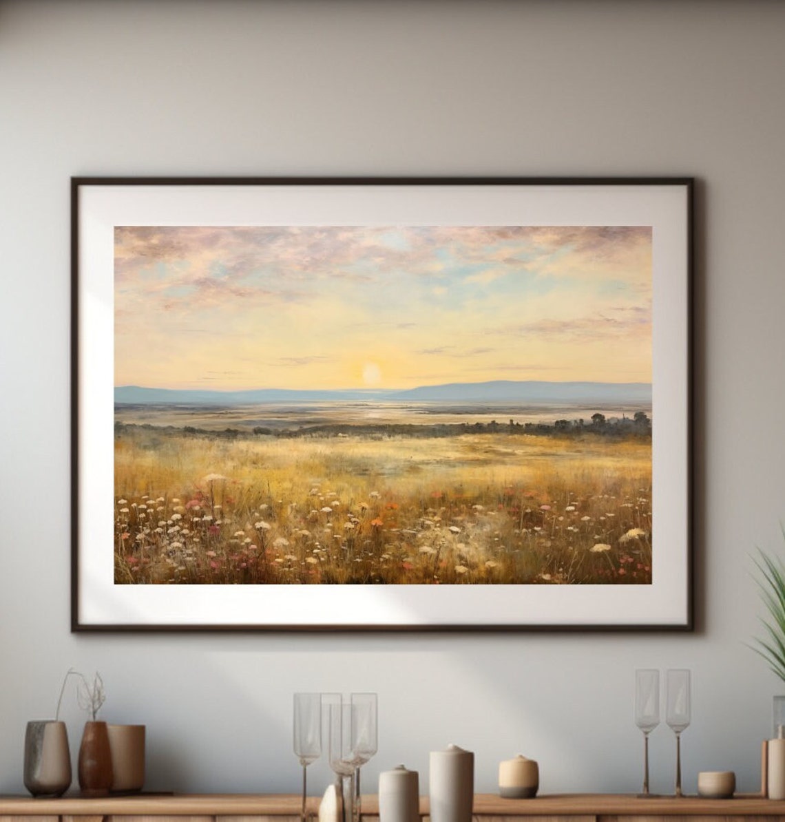 Sunset Meadow Oil Painting Vintage Landscape For Home Dcor Wall Art