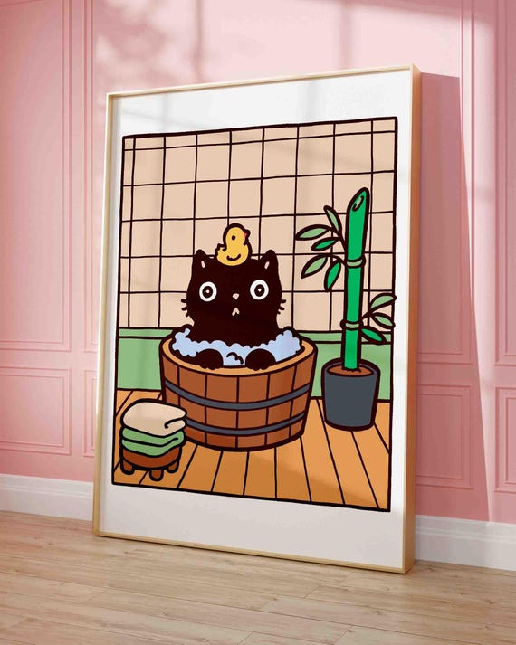 Black Cat Poster Minimalism Retro Japandi Print Lovers Gift Japanese Vintage Wall Art Funny Kitten In Bath