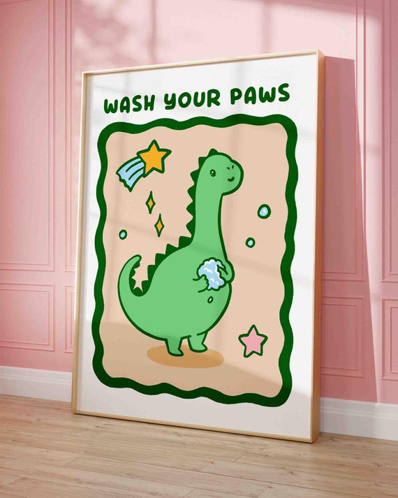 Wash Your Paws Dino Poster Cute Bathroom Wall Art Room Decor Childrens Washing Up Print Kawaii Clean Hands Shipped