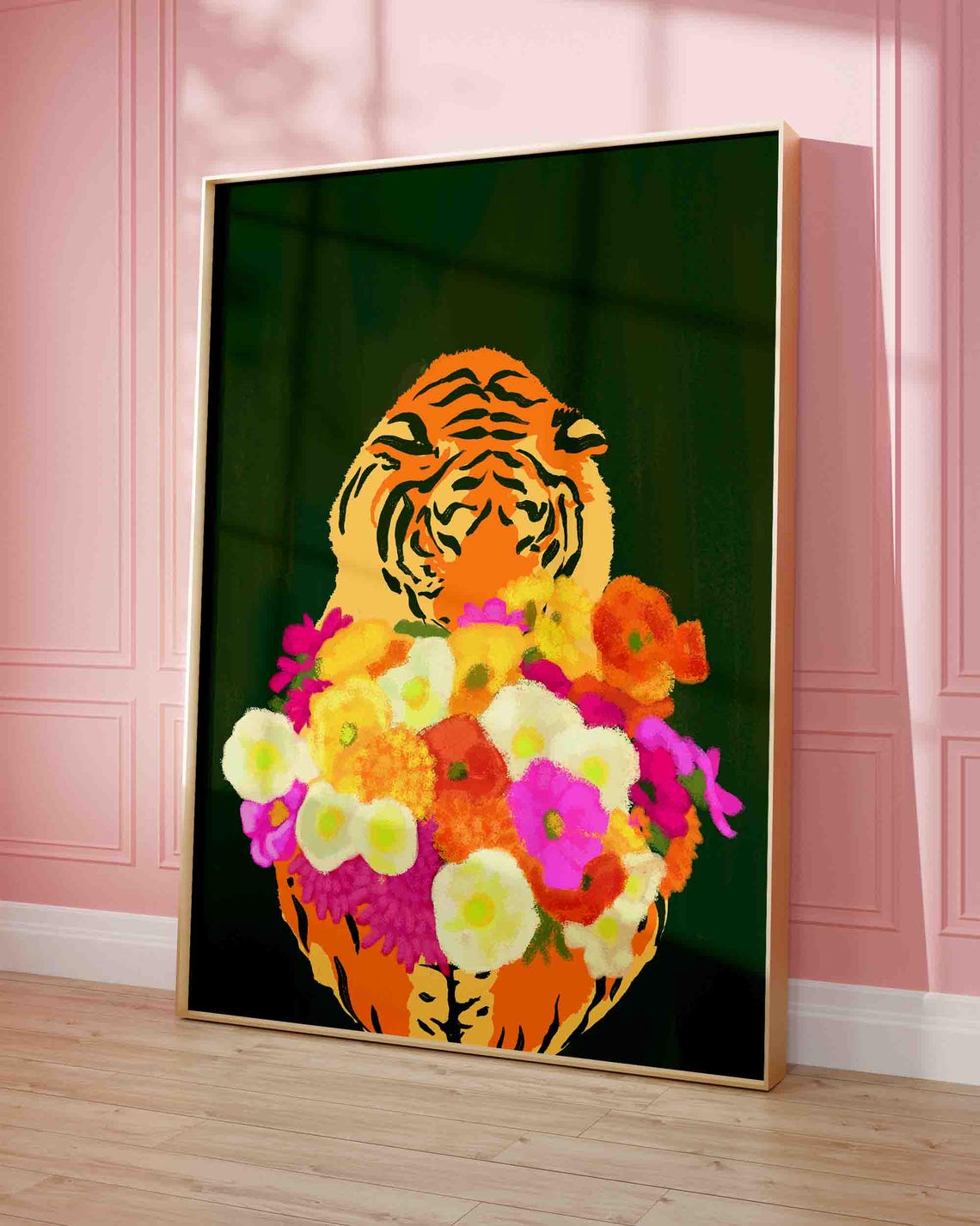 Tiger Flower Bouquet Modern Pop Art Orange Dark Green Poster