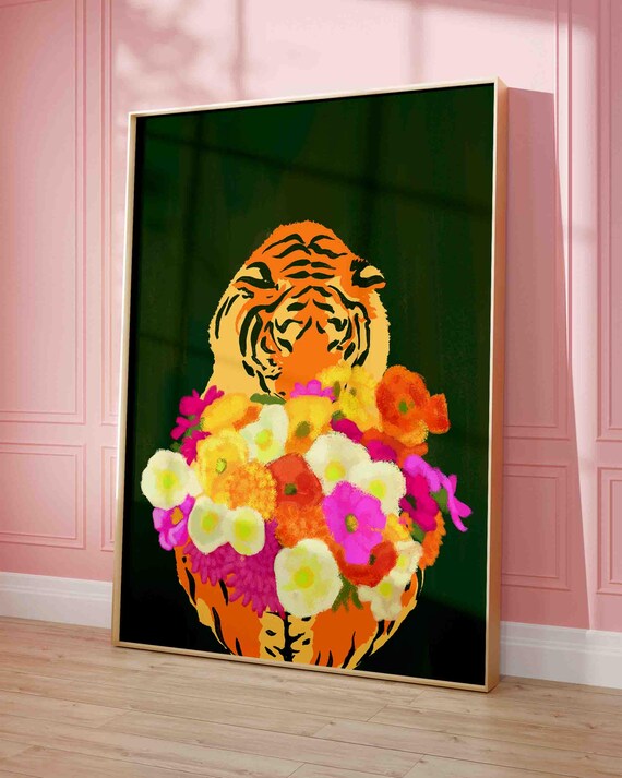 Tiger With Flowers Art Print Modern Animal Dark Green Home Decor Artwork And Orange Painting Shipped Wall