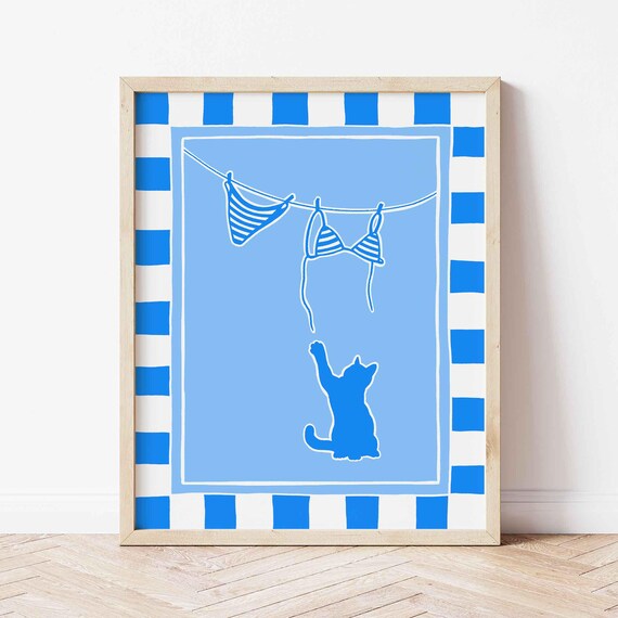 Blue Cat Pawing Striped Bikini Clothesline Hand Drawn Art Poster
