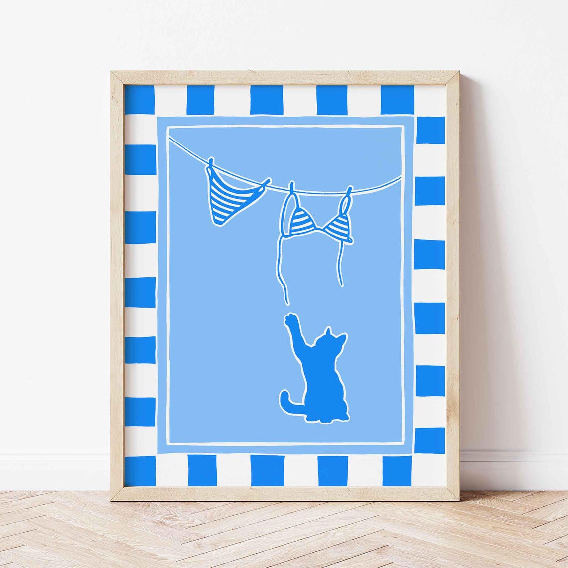Blue Cat Pawing Striped Bikini Clothesline Hand Drawn Art Poster