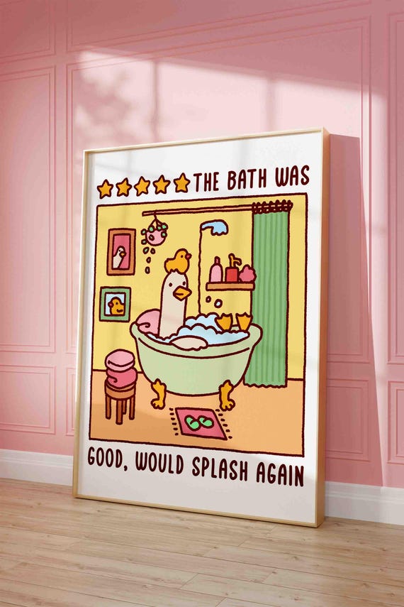Duck In A Bath Poster Bubble Time Washing Up Cute Bathroom Art Print Children Wash Room Silly Goose Unframed Kawaii Decor