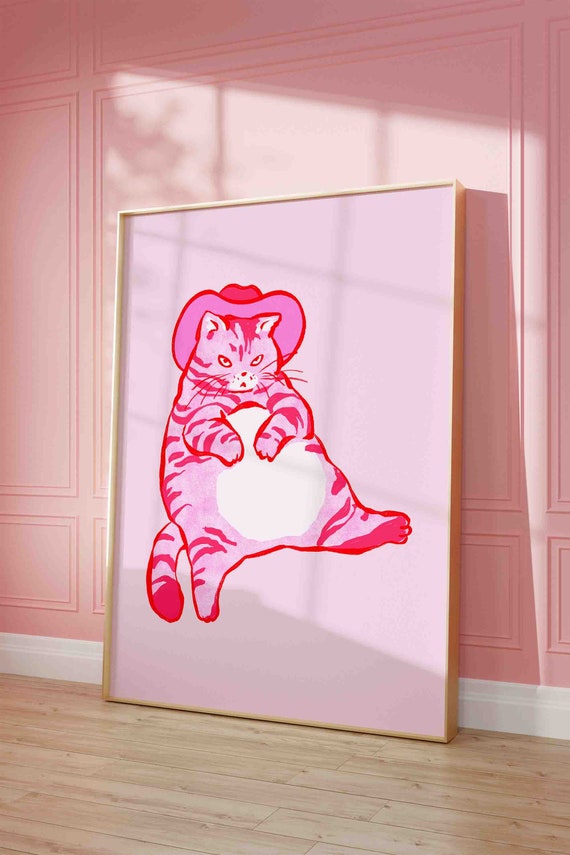 Cowboy Cat Wall Pink Print In A Hat Poster Retro Western Shipped Funny Kitten Art Room Decor