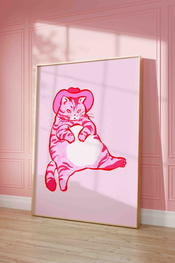 Pink Cowboy Cat Retro Western Funny Chubby Tabby Kitten Poster