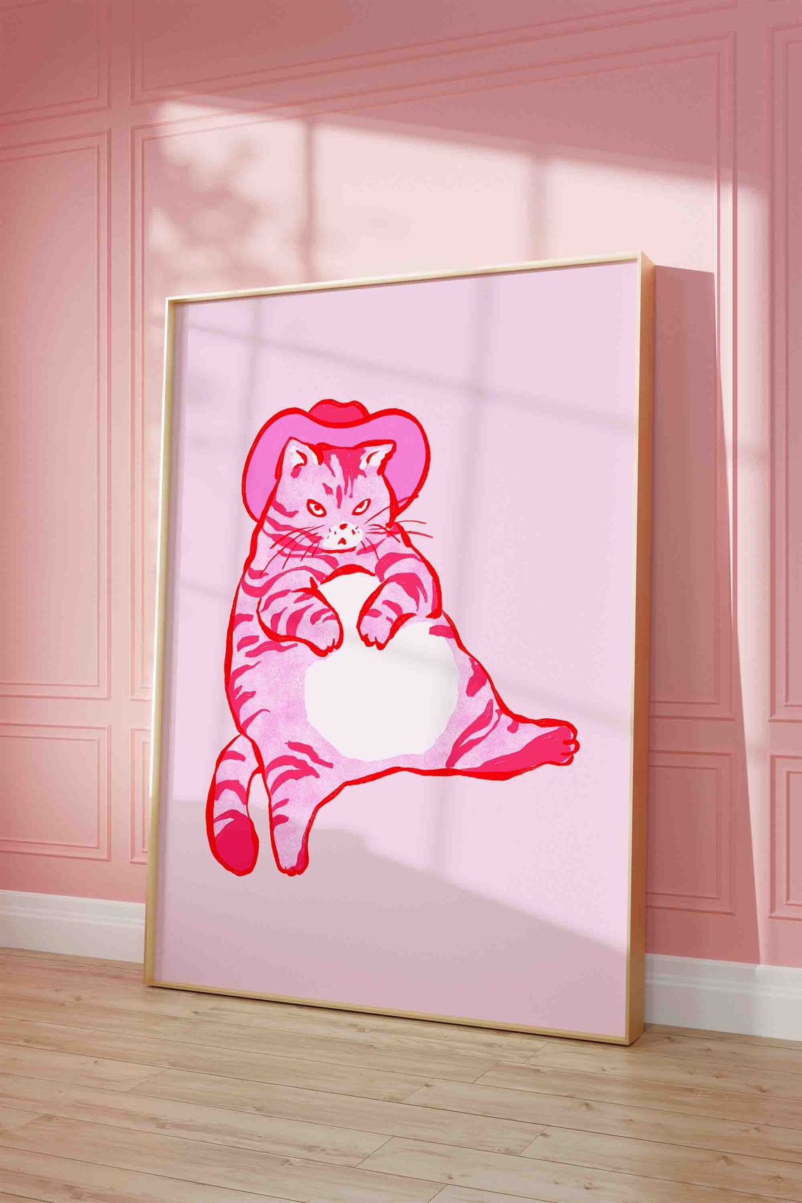 Pink Cowboy Cat Retro Western Funny Chubby Tabby Kitten Poster