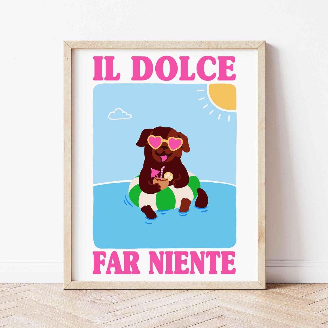 Il Dolce Far Niente Funny Dog Pool Float Retro Summer Art Poster