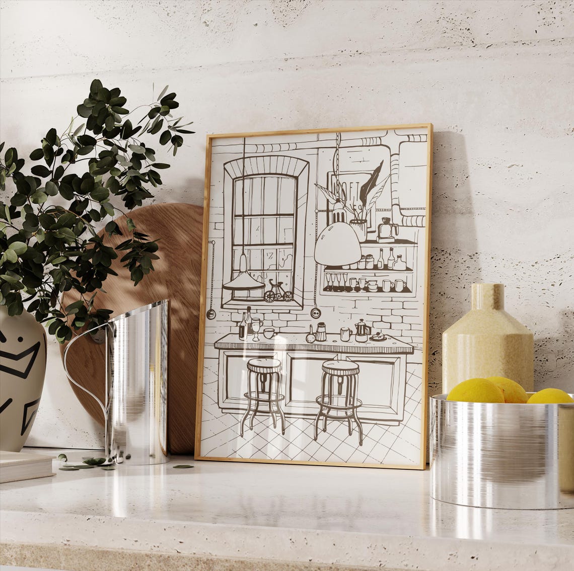 Cozy Coffee Shop Interior Line Ink Sketch Cafe Kitchen Wall Art - Image 2