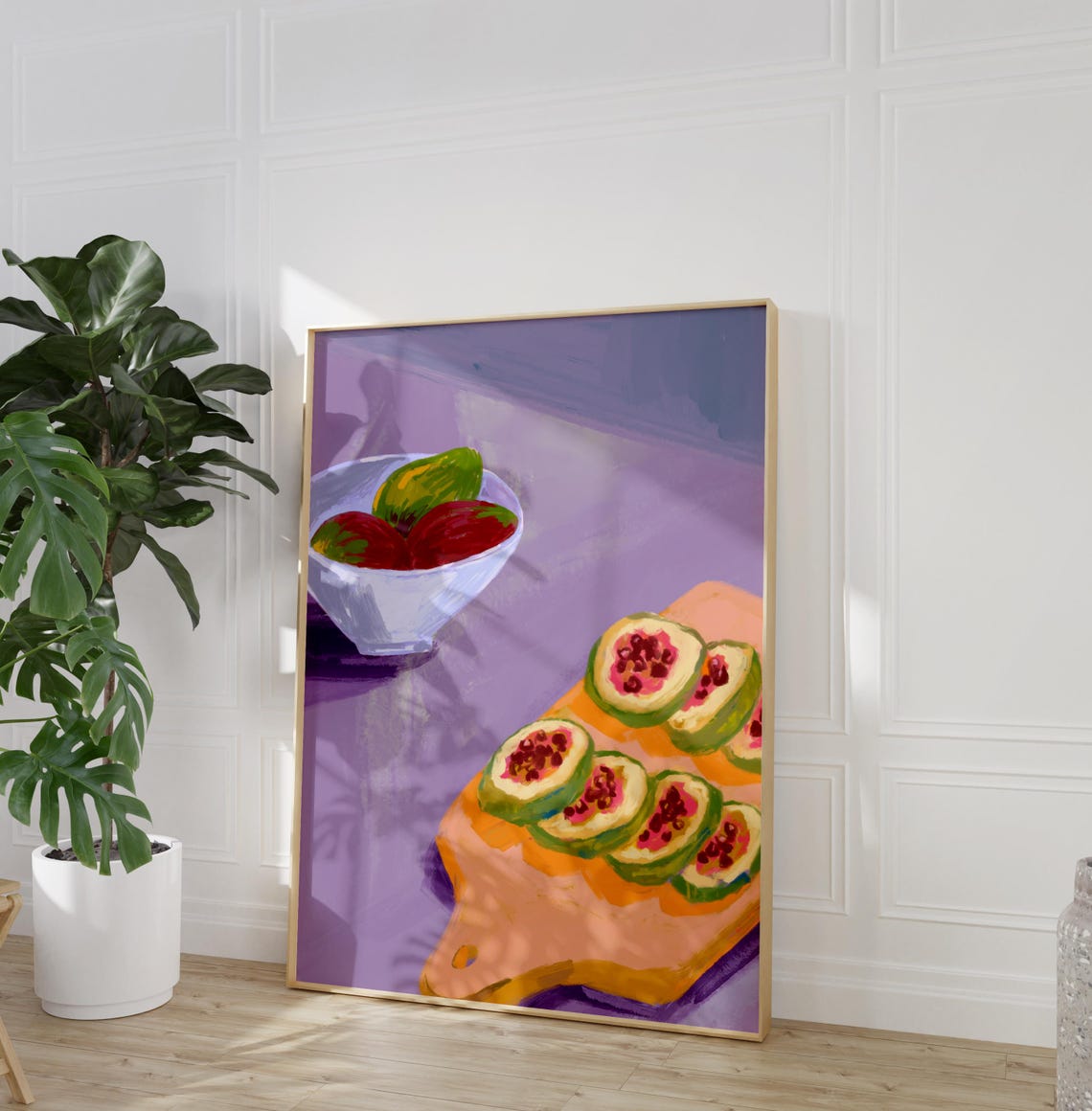 Sliced Figs Fruit Bowl Kitchen Painting Purple Background Art Poster - Image 2