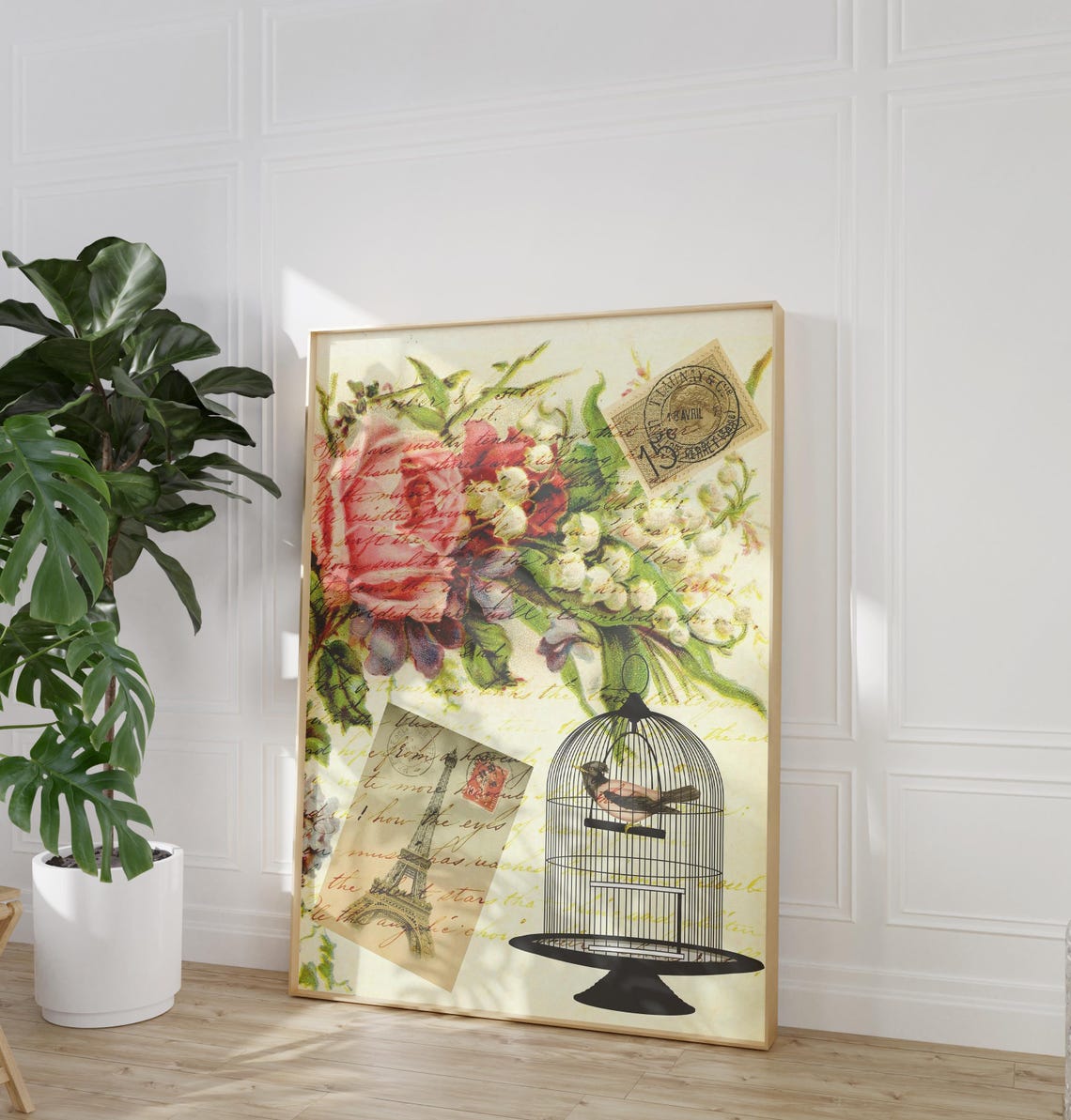 Vintage French Collage Eiffel Tower Birdcage Roses Paris Wall Art - Image 2