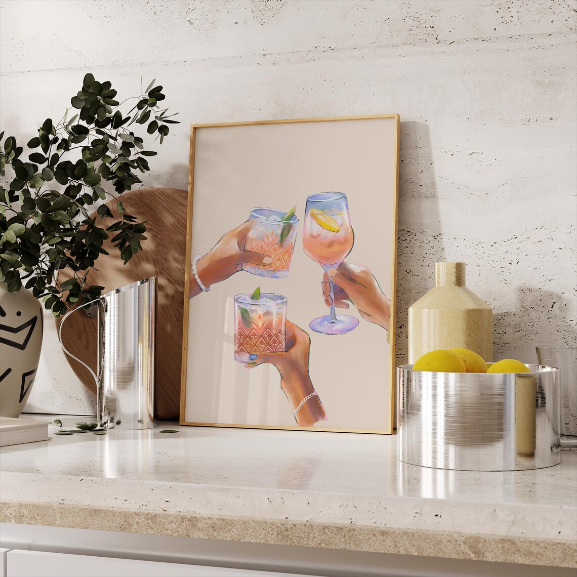 Cocktail Cheers Toasting Hands Watercolor Bar Cart Decor Art Print - Image 2