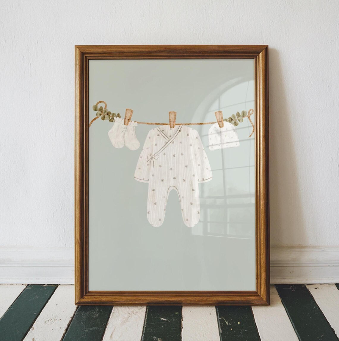 Baby Onesie Star Print Watercolor Clothesline Nursery Wall Art