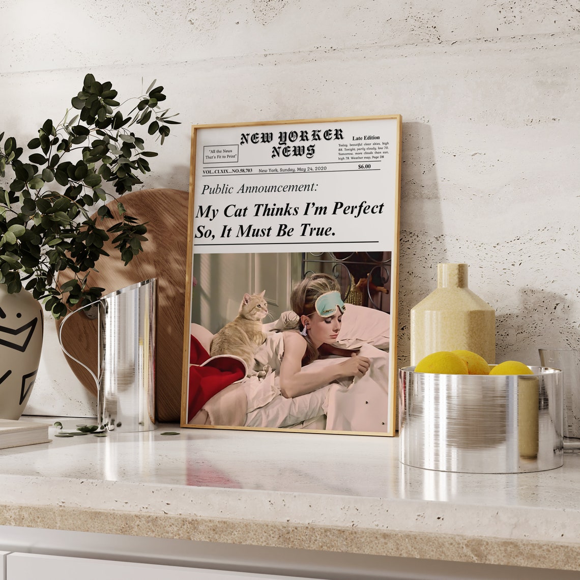 My Cat Thinks I'm Perfect Funny Cat Mom Newspaper Wall Print - Image 3