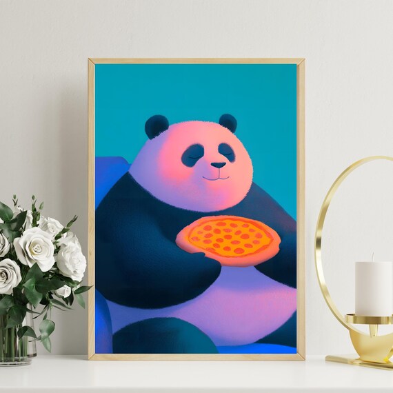 Happy Pink Panda Blissfully Holding a Pepperoni Pizza Poster
