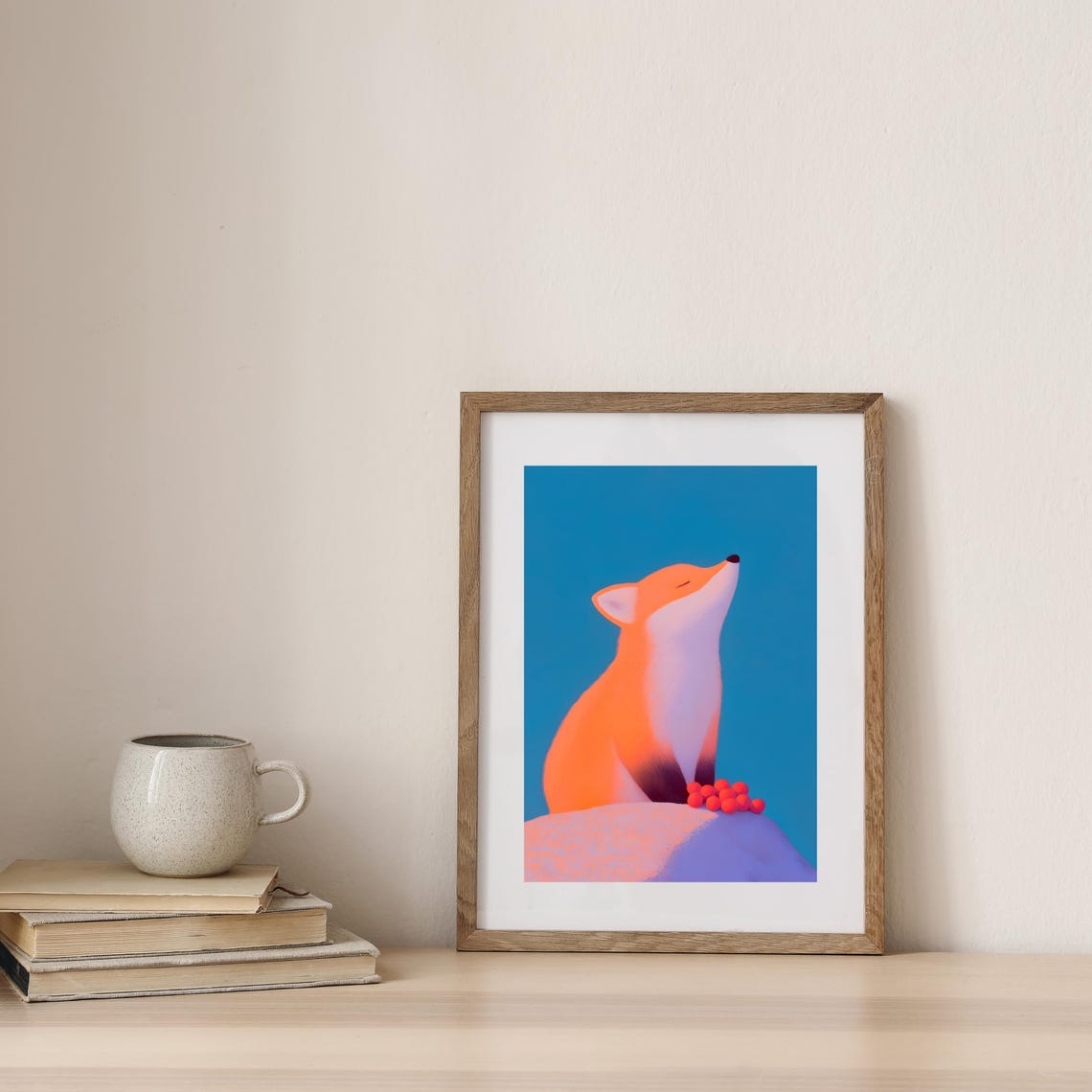 Tranquil Orange Fox Looking Up With Red Berries Blue Sky Poster - Image 3