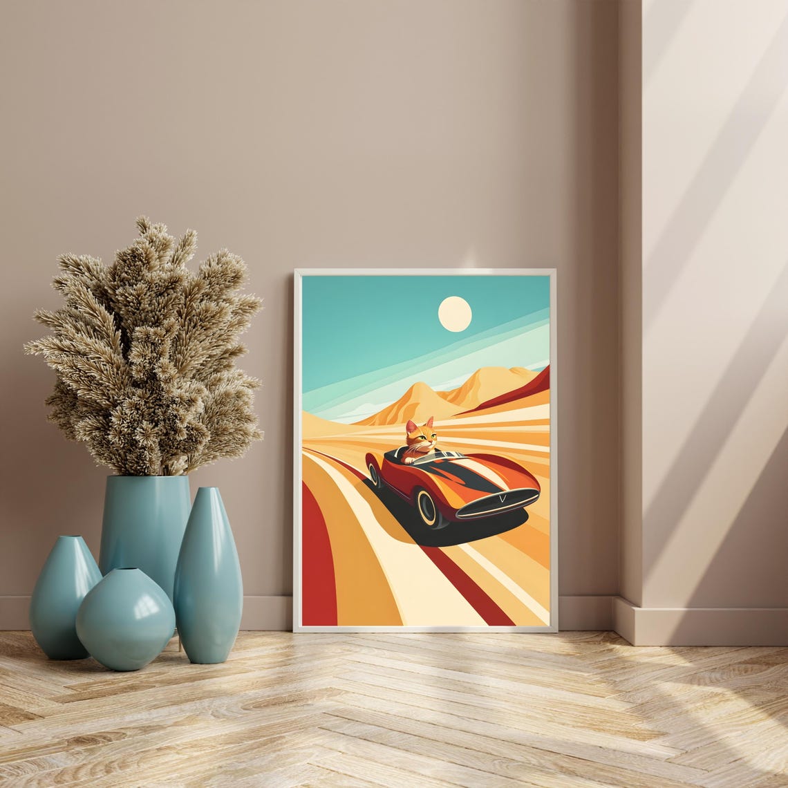 Orange Cat Driving Red Vintage Race Car on Desert Road Poster - Image 8