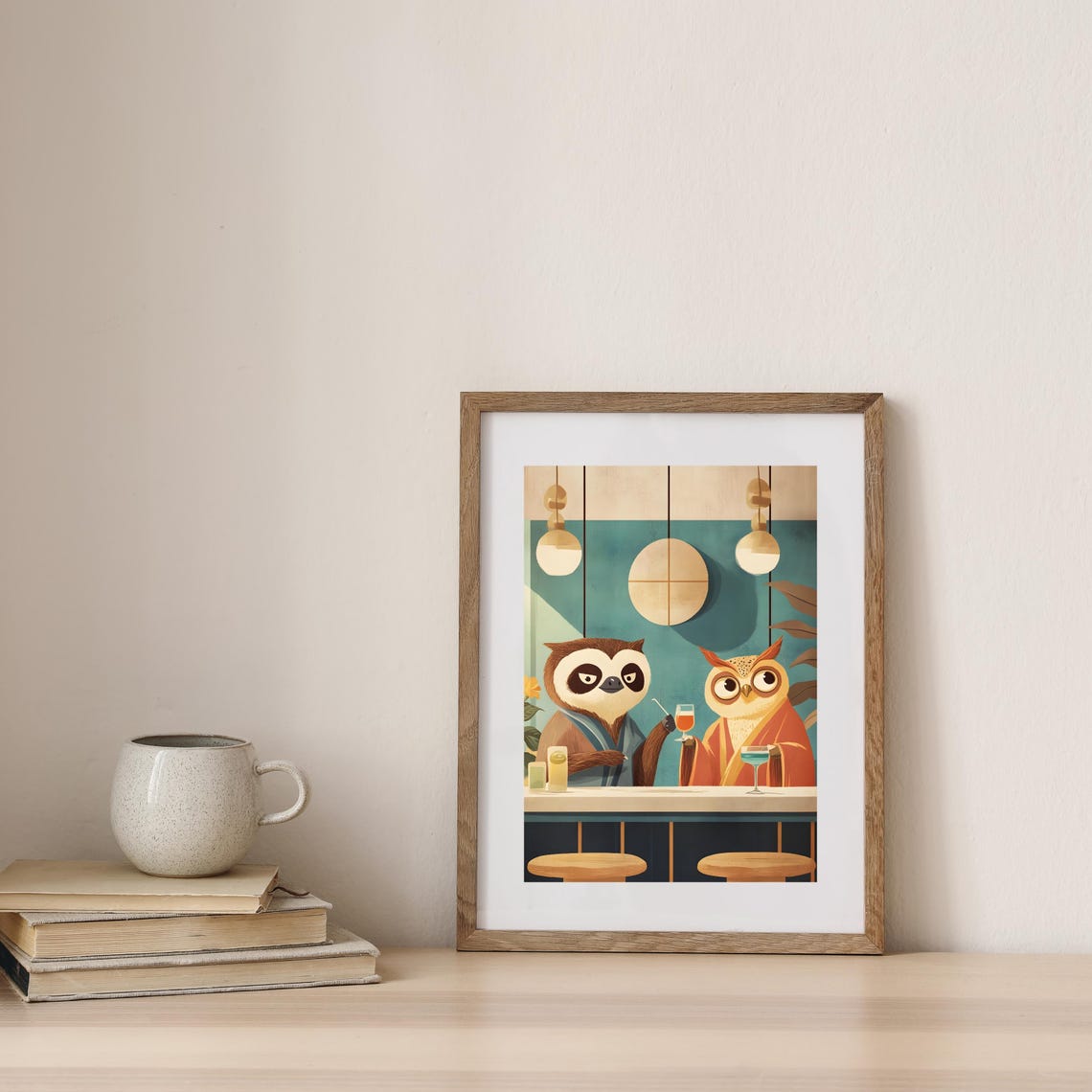 Owl and Sloth Drinking Cocktails at a Cozy Mid Century Bar Poster - Image 6