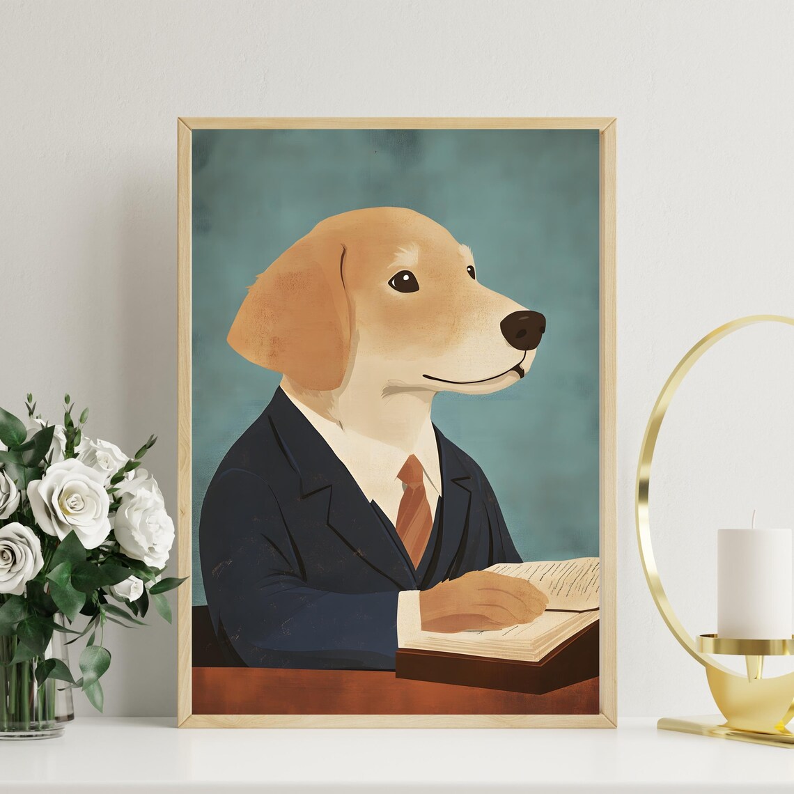 Golden Retriever In A Business Suit Reading At His Desk Poster - Image 2