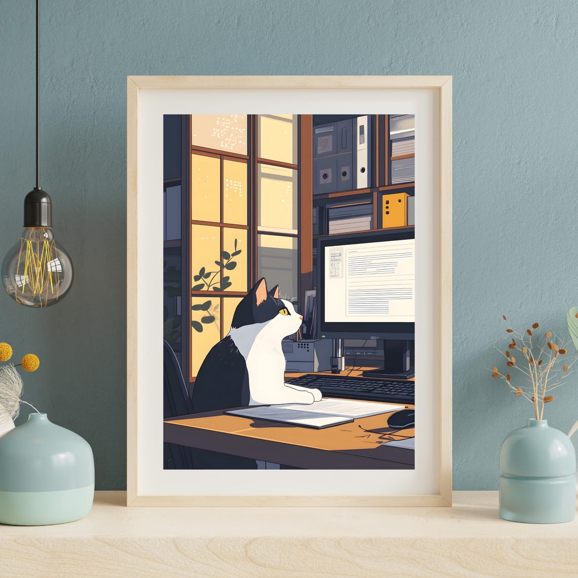 Cat at Computer Night Office Funny Workspace Animal Nursery Art Poster - Image 5
