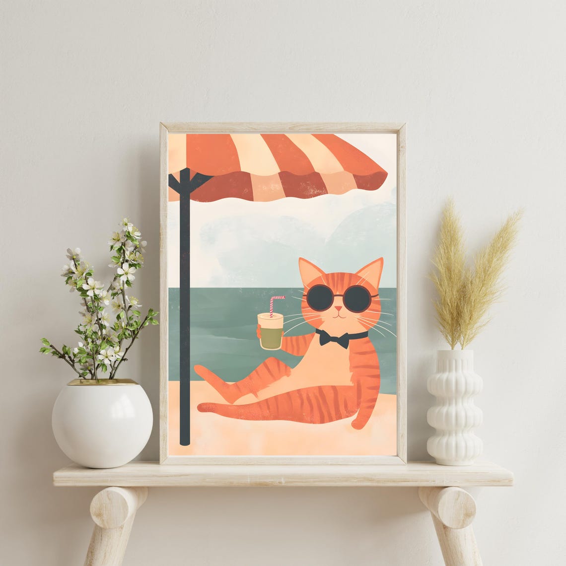 Orange Cat With Sunglasses and Bow Tie Lounging at Beach Poster - Image 4