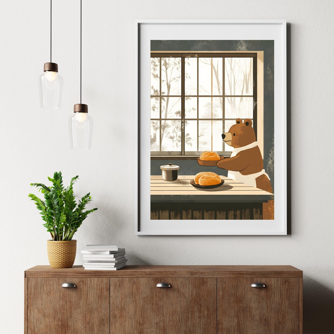Gentle Brown Bear Baker Serving Fresh Bread Rolls at a Rustic Table Poster - Image 6