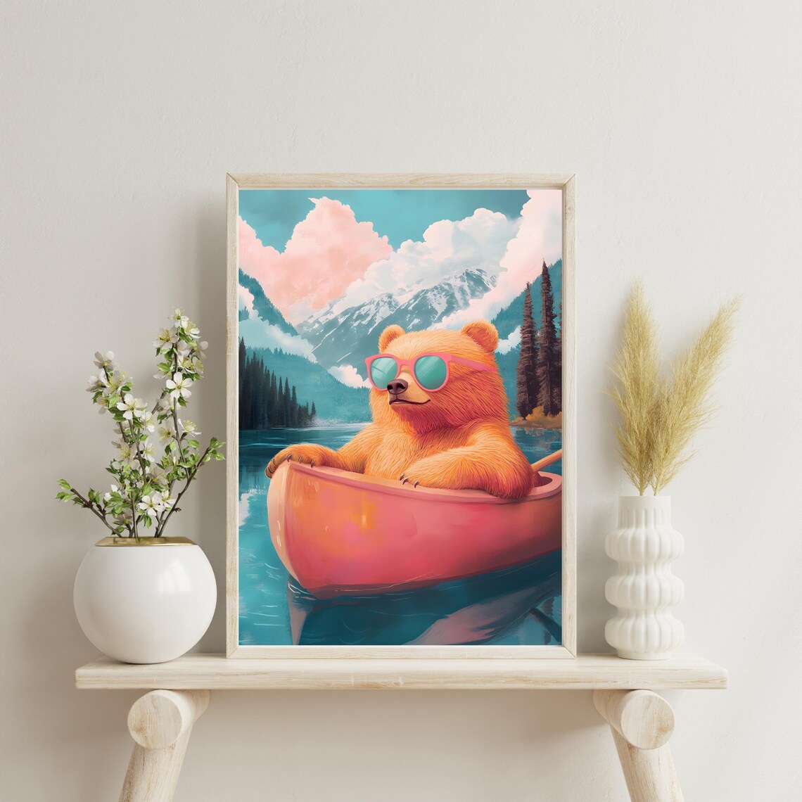 Relaxed Orange Bear in Pink Sunglasses Drifting in a Pink Canoe on a Lake Poster - Image 2