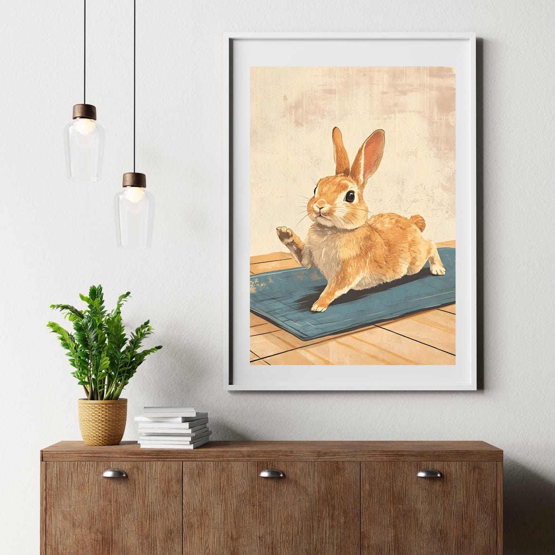 Cute Orange Bunny Doing Yoga Stretch On A Blue Mat Funny Poster - Image 7