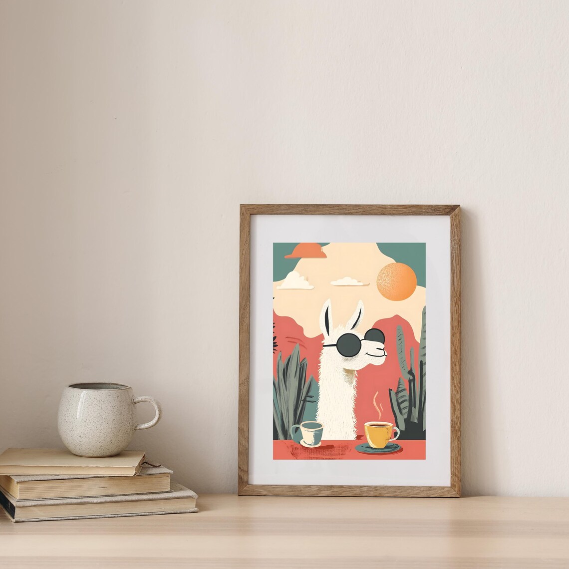 Cool Llama in Sunglasses with Two Coffee Cups on a Desert Poster - Image 7