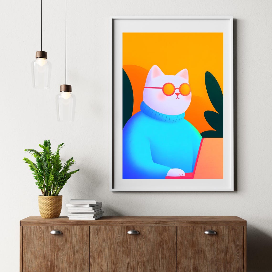 Stylish White Cat In Sunglasses And Turtleneck With Laptop Poster - Image 2