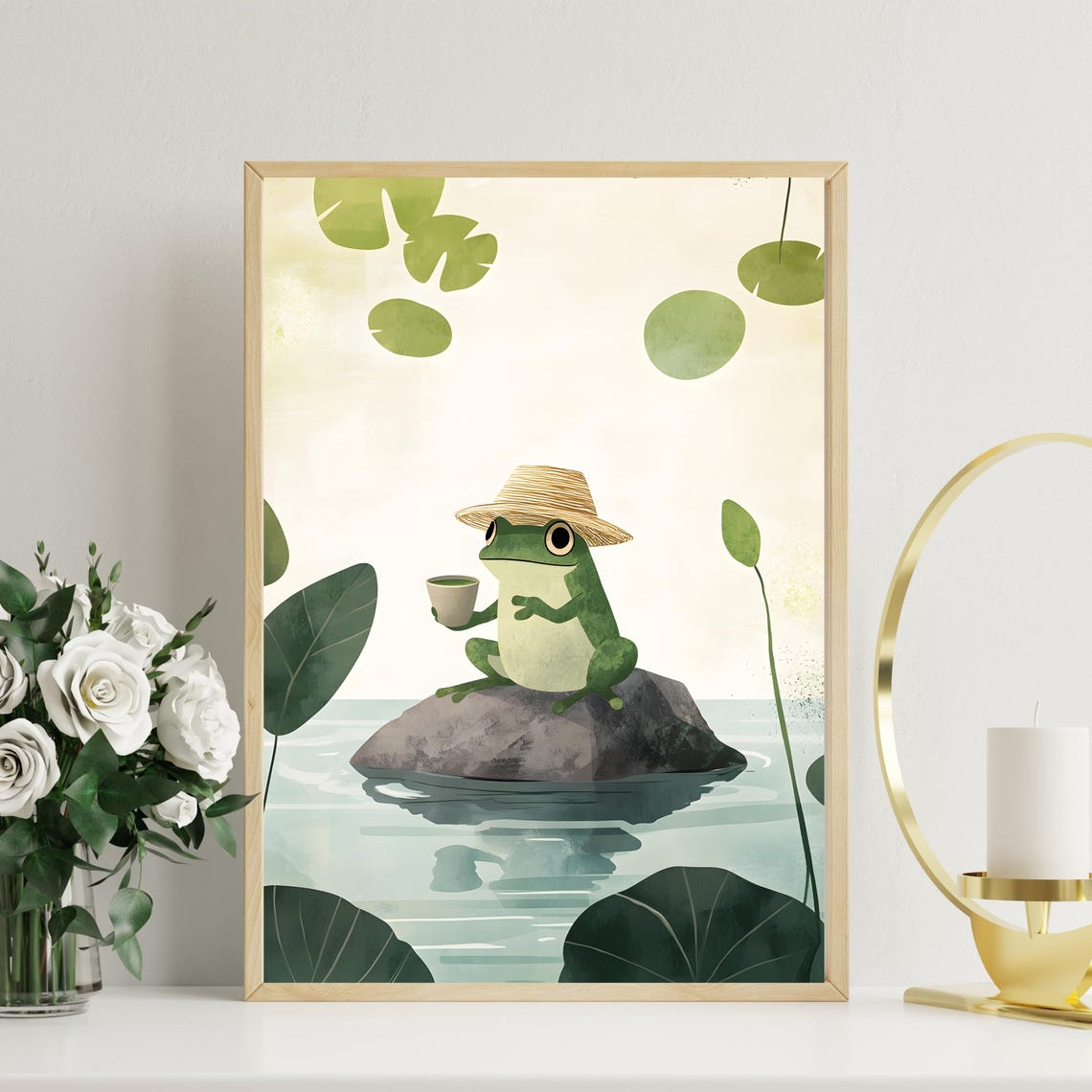 Sweet Cute Frog in Straw Hat Sipping Tea Atop a Pond Rock Poster - Image 3