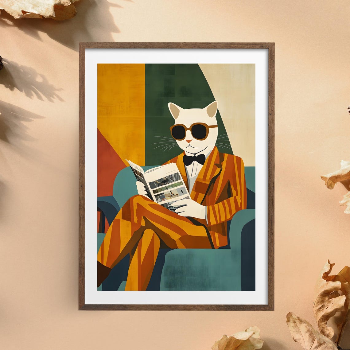 Classy Cat Suit Sunglasses Reading Newspaper Retro Style Art Poster