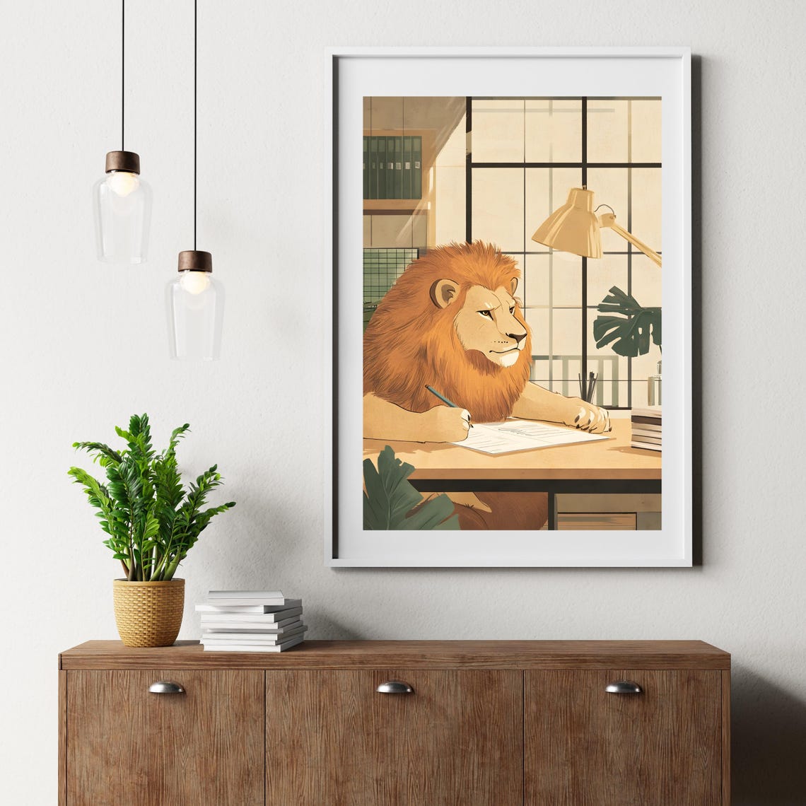 Focused Lion Writing at Office Desk Whimsical Animal Office Poster - Image 4